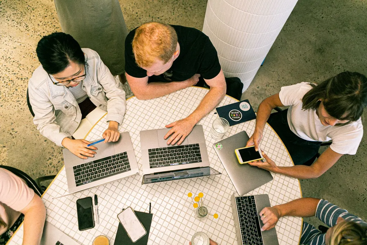 Marketing team collaborating in a modern office